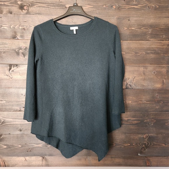 Joie Cashmere Wool Asymmetrical Hem Sweater Dark Green Size M 3/4 Sleeves - Picture 10 of 10